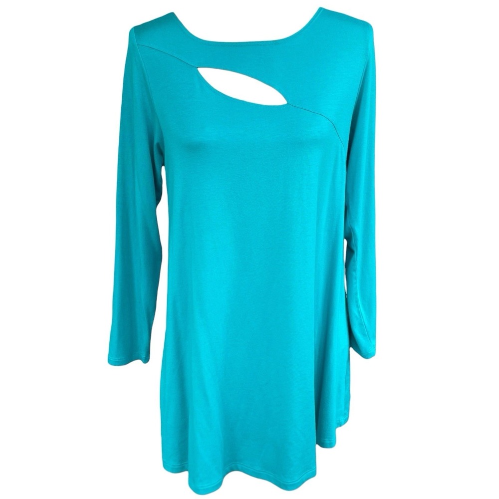 Comfy USA Turquoise Modal Jersey Tunic Shirt Lagenlook Asymmetric Cutout Small S - Picture 2 of 6